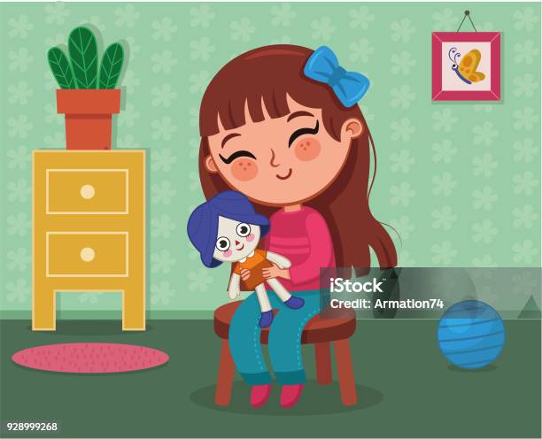 Girl Playing With A Doll Stock Illustration - Download Image Now - Doll, Playing, Computer Graphic