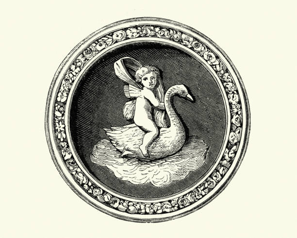 Vintage engraving of a Victorian Wedgewood porcelain plate, mid 19th Century. Baby riding a swan