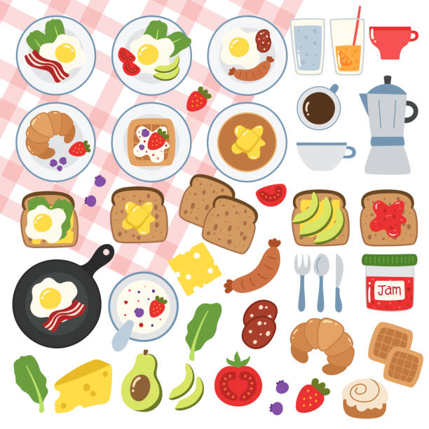 아침 식사 음식 일러스트입니다. - waffle sausage breakfast food stock illustrations