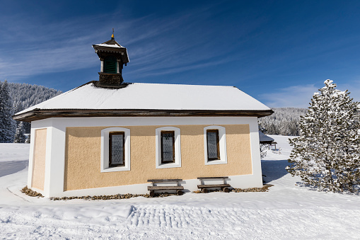 Chapel in winter Wonderland on Langis in Switzerland