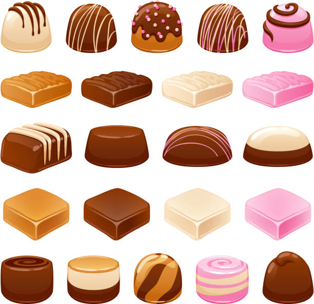 Chocolate candies set. Assorted sweets Chocolate candies set. Assorted sweets. Dark chocolate, caramel toffee, strawberry and vanilla flavores. chocolate truffle stock illustrations