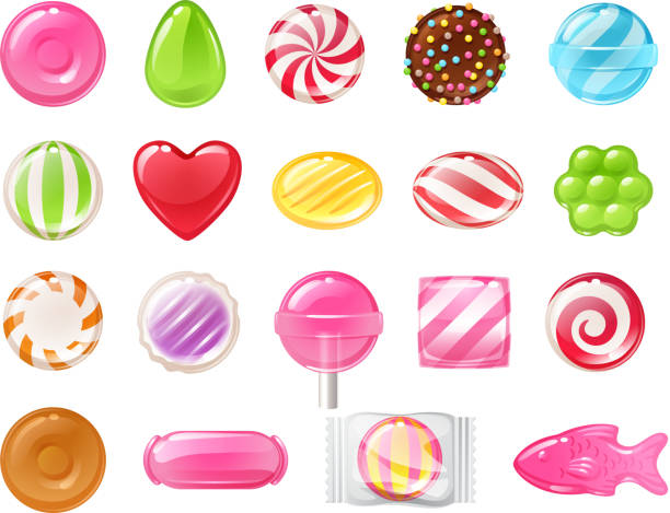 Set of different sweets. Assorted candies Set of sweets on white background hard candy, dragee, lollipop, toffee, jelly, peppermint candy, chocolate vector illustration peppermint stock illustrations
