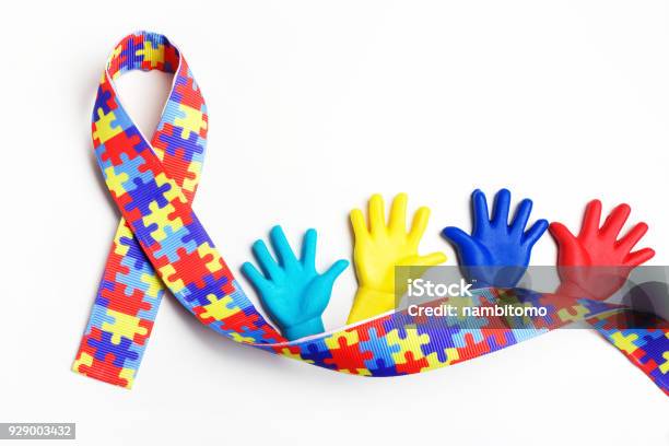 Autism Awareness Concept With Colorful Hands On White Background Top View Stock Photo - Download Image Now