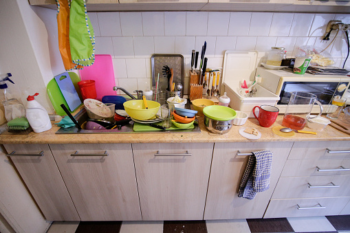 Dirty dishes in a domestic kitchen