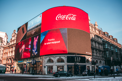 London, England - 28 February 2018: Piccadilly Circus, one of the most popular squares in London, covered in snow.