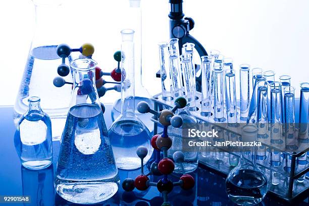 Test Tubes And Beakers In Chemistry Lab Stock Photo - Download Image Now - Beaker, Color Image, Drinking Glass