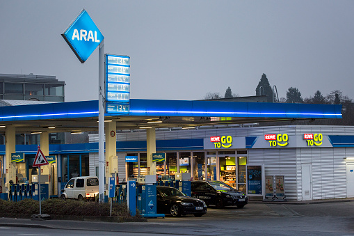 Typical German Aral Gas Station. Aral is a brand of automobile fuels and gas stations, present in Germany and Luxembourg. The company behind the brand name, Aral AG, is owned by BP