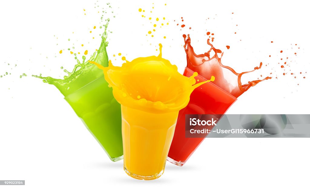 three glasses of juices splashing on white glasses of red, yellow and red juices splashing isolated on white Juice - Drink Stock Photo