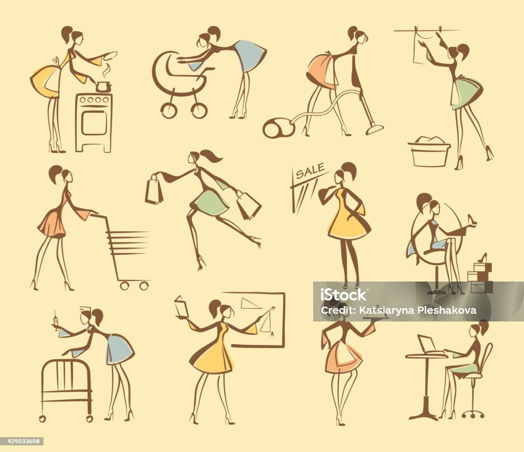 Sketches of silhouettes of girls Women are engaged in different affairs. Sketches in style of a retro Clip Art stock vector