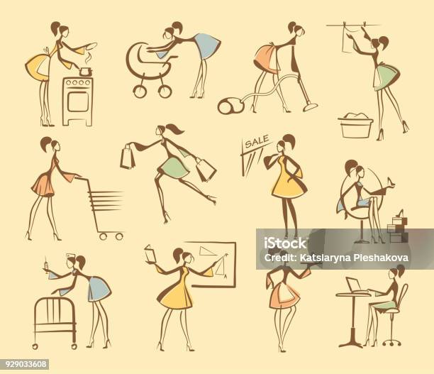 Sketches Of Silhouettes Of Girls Stock Illustration - Download Image Now - Clip Art, Education, Nurse