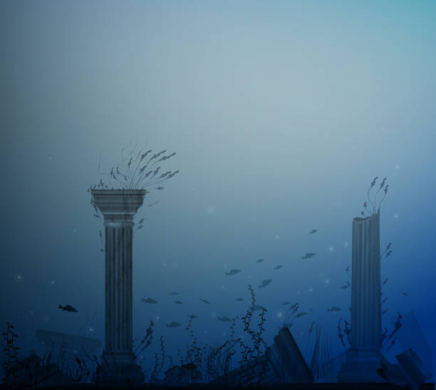 ilustrações, clipart, desenhos animados e ícones de paisagem subaquática com ruínas de colunas, peixes, alga e bolhas, secretas da atlântida, - coral break