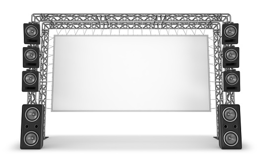 Metal trusses with a screen and acoustic systems. The equipment of a stage, a cinema. 3d illustration