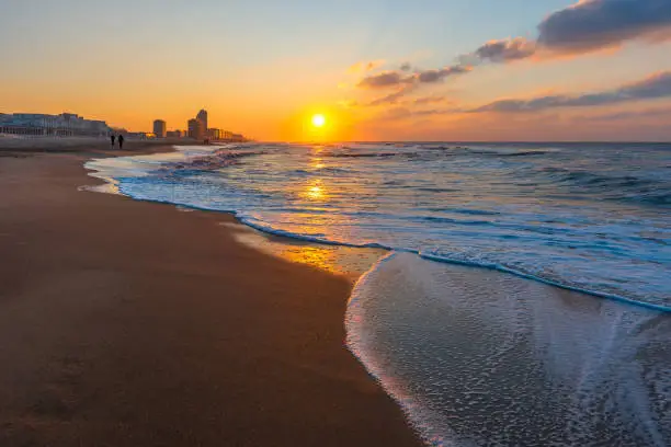 Sunset by the North Sea in the city of Ostend, Belgium, European Union.