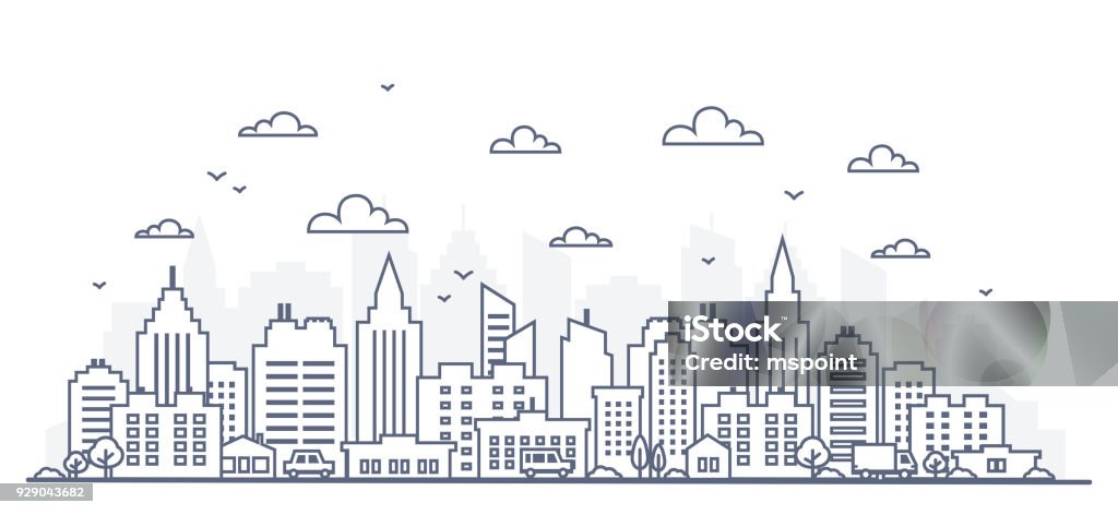 Thin line style city panorama. Illustration of urban landscape street with cars, skyline city office buildings, on light background. Outline cityscape. Wide horizontal panorama Thin line style city panorama. Illustration of urban landscape street with cars, skyline city office buildings, on light background. Outline cityscape. Wide horizontal panorama. Vector illustration City stock vector