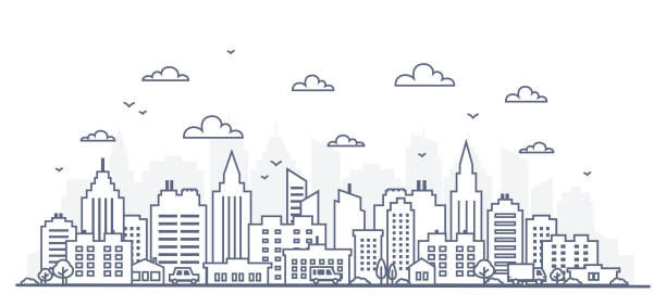 Thin line style city panorama. Illustration of urban landscape street with cars, skyline city office buildings, on light background. Outline cityscape. Wide horizontal panorama Thin line style city panorama. Illustration of urban landscape street with cars, skyline city office buildings, on light background. Outline cityscape. Wide horizontal panorama. Vector illustration cloud outline background stock illustrations