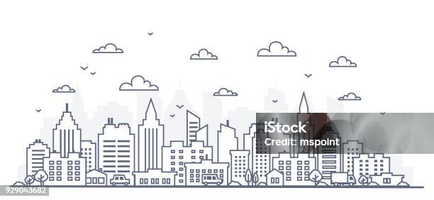 Thin Line Style City Panorama Illustration Of Urban Landscape Street With Cars Skyline City Office Buildings On Light Background Outline Cityscape Wide Horizontal Panorama Stock Illustration - Download Image Now