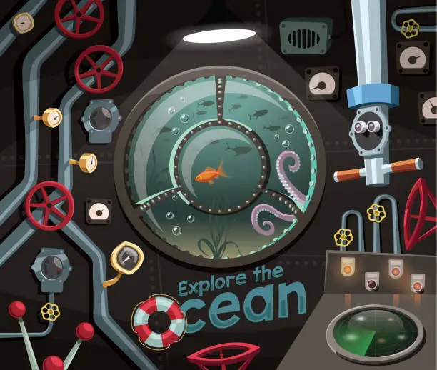 Vector illustration of Explore the ocean , view under the sea from the submarine