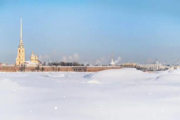 Winter panoramic view of Peter and Paul fortress and ice on Neva river at sunny day. Saint Petersburg, Russia