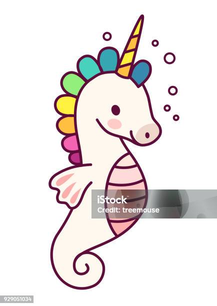 Cute Sea Horse Unicorn With Rainbow Mane Simple Cartoon Vector Illustration Simple Flat Line Doodle Icon Contemporary Style Design Element Isolated On White Magical Creatures Fantasy Fairy Dreams Theme Stock Illustration - Download Image Now
