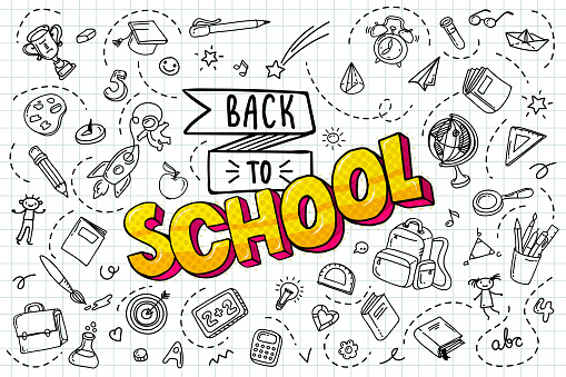 Concept of education. Back to school background. Freehand drawing school items.