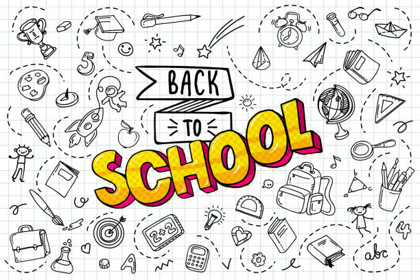 Back to school. Concept of education. Back to school background. Freehand drawing school items. sketch stock illustrations