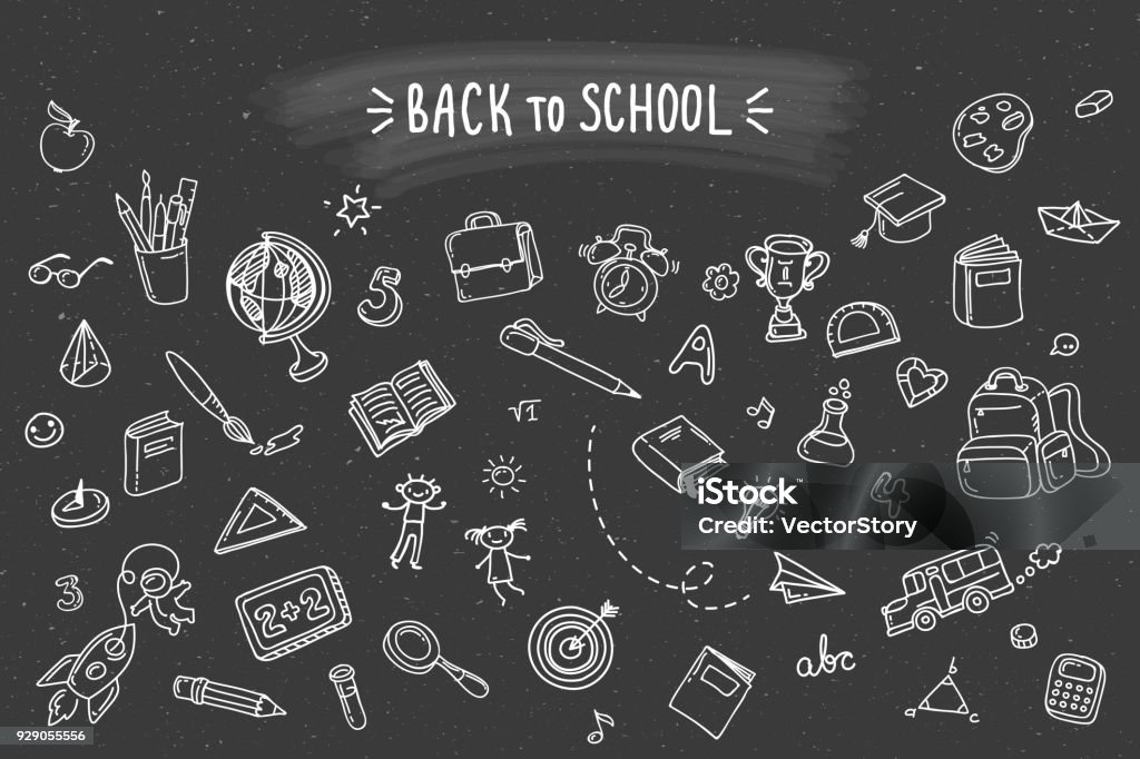 Back to school. Concept of education. School background with hand drawn school supplies on blackboard. Back to school. Chalkboard - Visual Aid stock vector