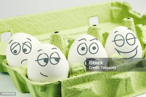Four Eggs In Eggbox Types Of Temperaments Stock Photo - Download Image Now - Individuality, Typing, Characters