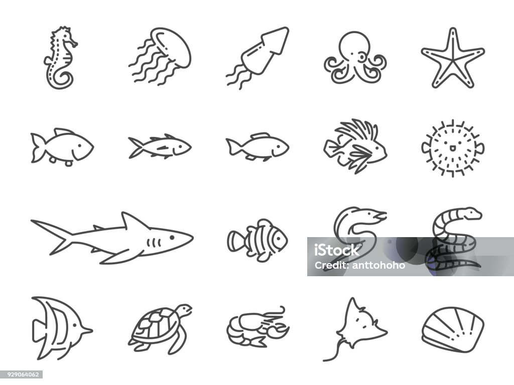 Ocean life line icon set. Included the icons as marine fish, sea fish, shark, seahorse, stingray, mackerel, shell, tuna and more. Fish stock vector