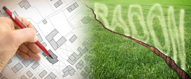 the danger of radon gas in our cities - concept image with cracked green mowed lawn with radon gas escaping and hand drawing over a cadastral map - radium imagens e fotografias de stock