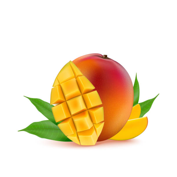 плоды манго для свежего сока, варенья, йогурта, мякоти. 3d реалистичный желтый, красный, оранжевый спелые кубики манго и листья изолированы н� - isolated on white orange juice ripe leaf stock illustrations