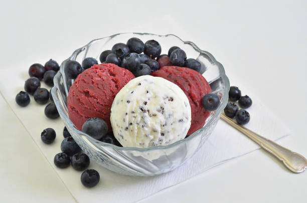 scoops of Vanilla Ice cream and Stracciatella Ice cream and  Blueberry Sorbet in a Bowl with Blueberries on white Background, close up, full frame, horizontal