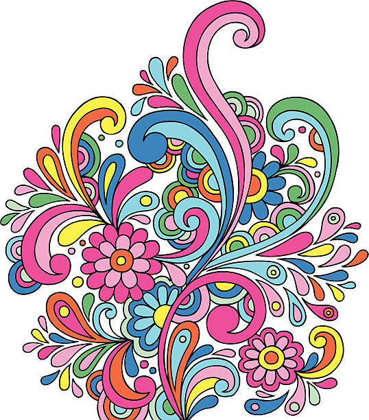 120+ Psychedelic Doodle Paisley 1960s Style Stock Illustrations