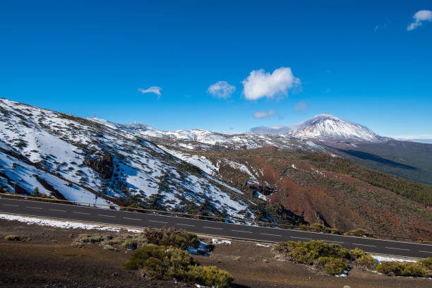 Teide Volcano and Observatory on Tenerife, Canary Islands, Spain Snowy volcano Teide and observatory on Tenerife, Canary islands, Atlantic, Spain. Landscape, trees in front. Nikon D850. observatory tenerife canary islands el teide national park stock pictures, royalty-free photos & images