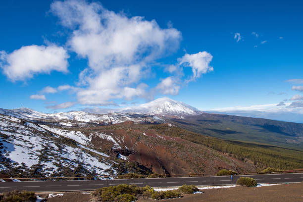 Teide Volcano and Observatory on Tenerife, Canary Islands, Spain Snowy volcano Teide and observatory on Tenerife, Canary islands, Atlantic, Spain. Landscape, trees in front. Nikon D850. observatory tenerife canary islands el teide national park stock pictures, royalty-free photos & images
