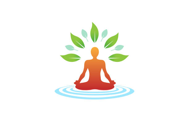 illustrazioni stock, clip art, cartoni animati e icone di tendenza di icona di creative body yoga meditation wellness, - computer graphic leaf posing plant