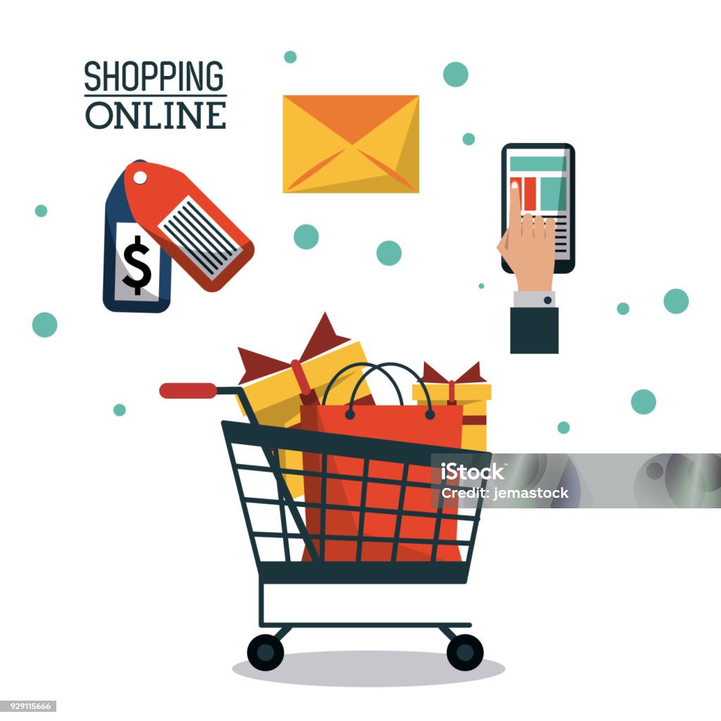 pôster colorido compras on-line com o carrinho cheio de presentes - Vetor de Carrinho de compras royalty-free