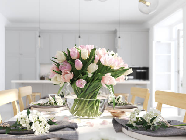 istock bunch of tulips in a nordic style apartment. 3D rendering 929116576