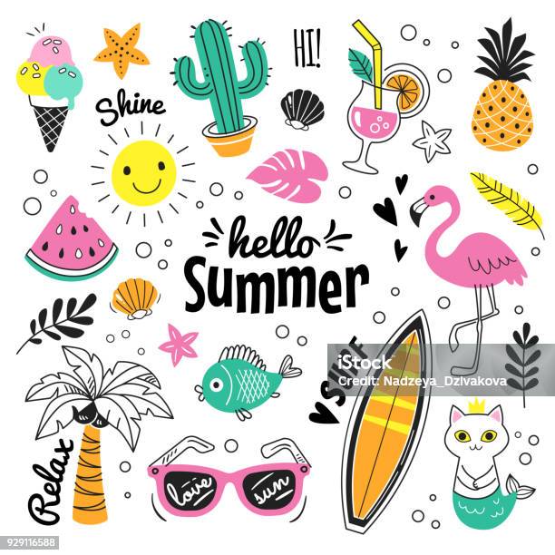 Collezione Hello Summer - Immagini vettoriali stock e altre immagini di Estate - Estate, Scarabocchio - Disegno, Divertirsi