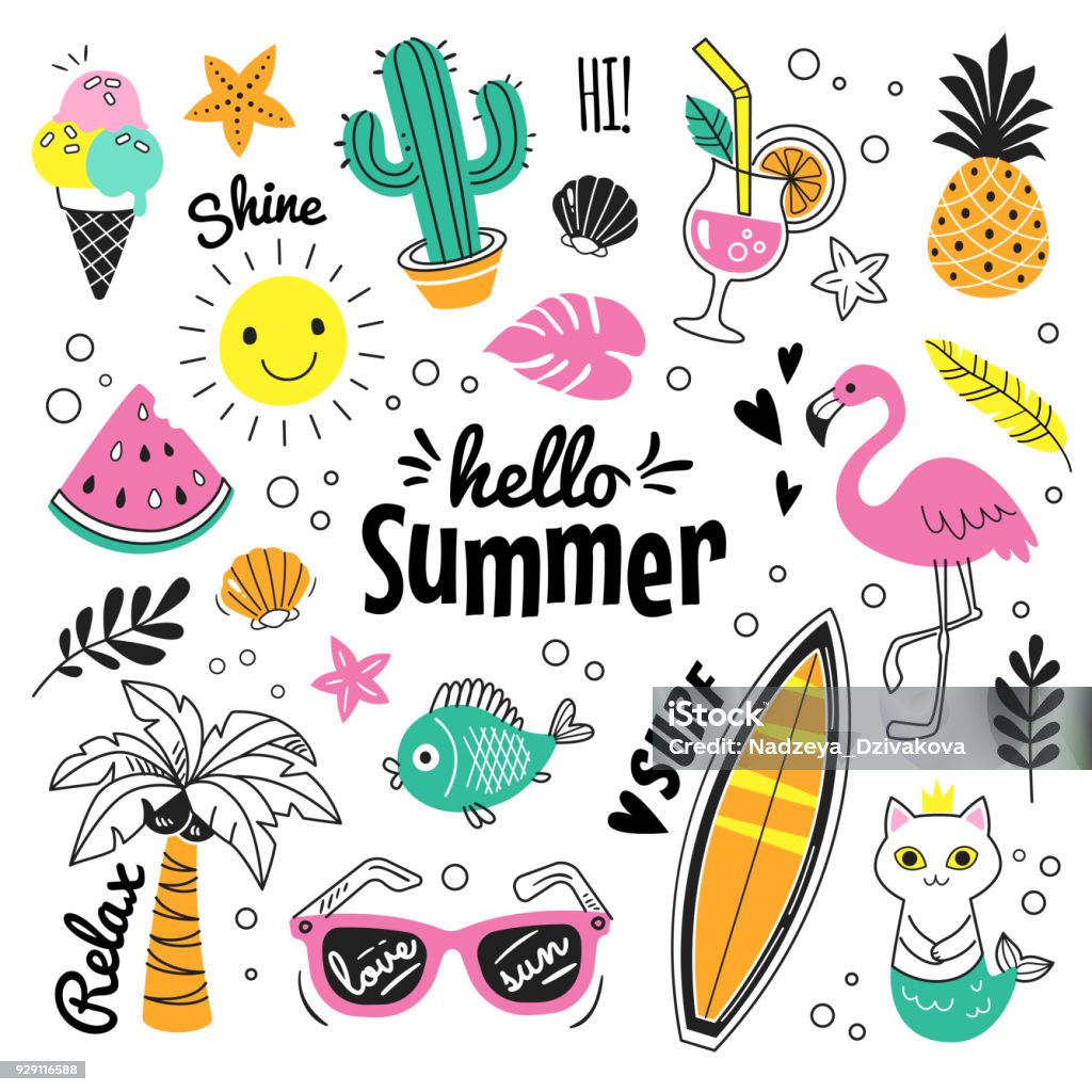 Hello Summer collection. Vector illustration of colorful funny doodle summer symbols, such as flamingo, ice cream, palm tree, sunglasses, cactus, surfboard, pineapple and watermelon. Summer stock vector