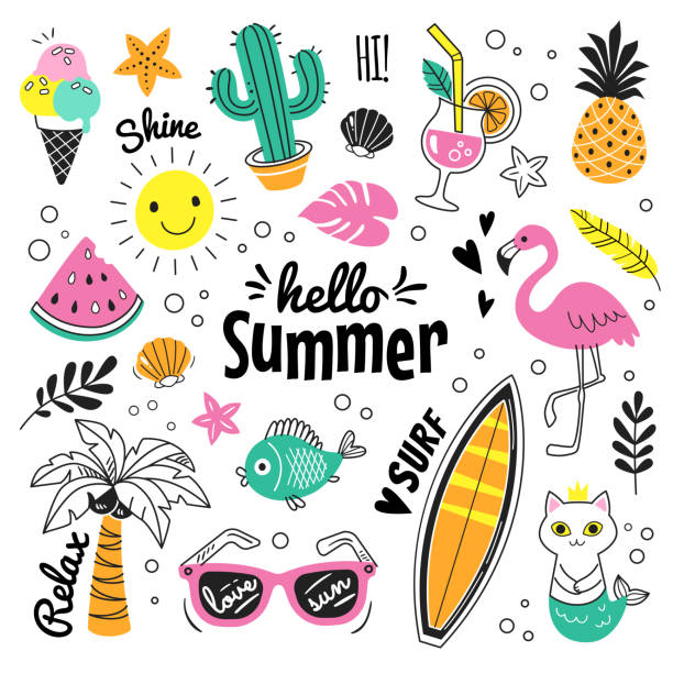 Hello Summer collection. Vector illustration of colorful funny doodle summer symbols, such as flamingo, ice cream, palm tree, sunglasses, cactus, surfboard, pineapple and watermelon. cat water stock illustrations