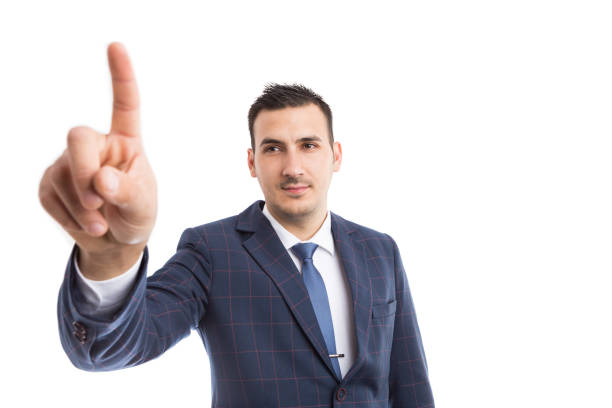 istock Modern businessman touching invisible screen or display 929123470
