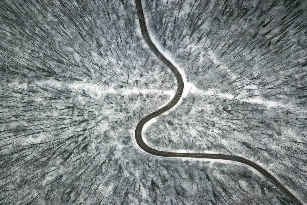 istock Snowy forest with a road. Aerial view. 929123494