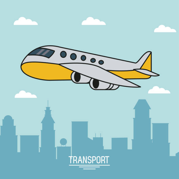 ilustrações, clipart, desenhos animados e ícones de pôster colorido de transporte aéreo com o avião em voo sobre a cidade - air vehicle business airplane multi colored