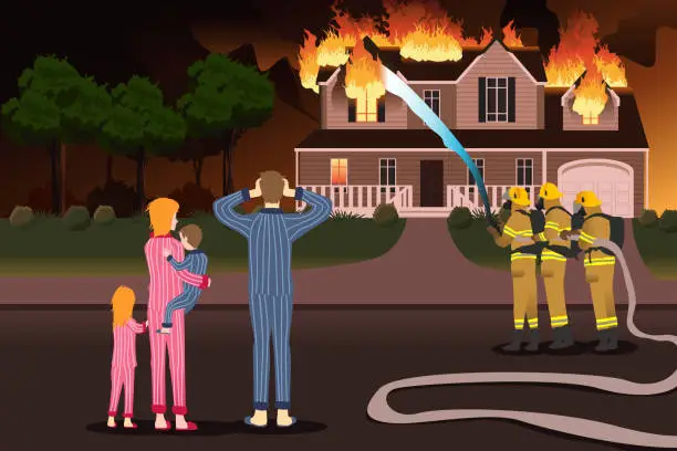 Vector illustration of Firemen Putting Out Fires of a Burning Home