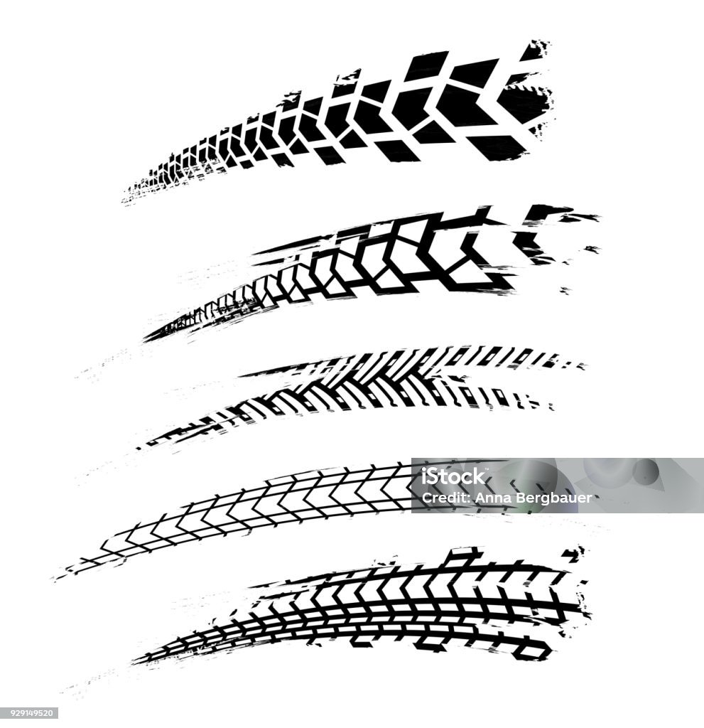 Tire Tracks Elements-02 Motorcycle tire tracks vector illustration. Grunge automotive element useful for poster, print, flyer, book, booklet, brochure and leaflet design. Editable graphic image in black color isolated on a white background. Tire - Vehicle Part stock vector