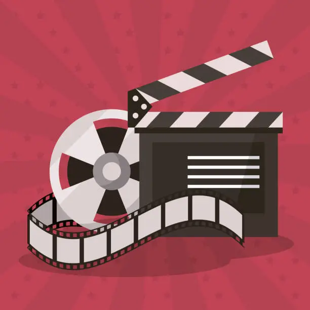 Vector illustration of colorful background with film reel and clapperboard