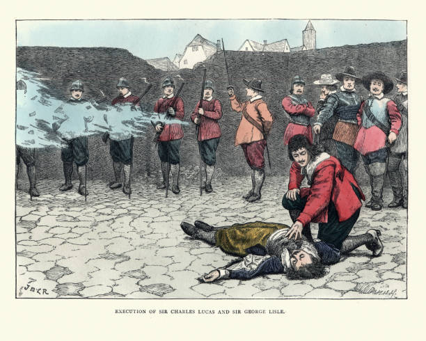 Execution of Sir Charles Lucas and George Lisle, 1648 Vintage engraving of Execution of Sir Charles Lucas and George Lisle by firing squad on 28 August 1648 in the castle yard at Colchester, England. firing squad stock illustrations