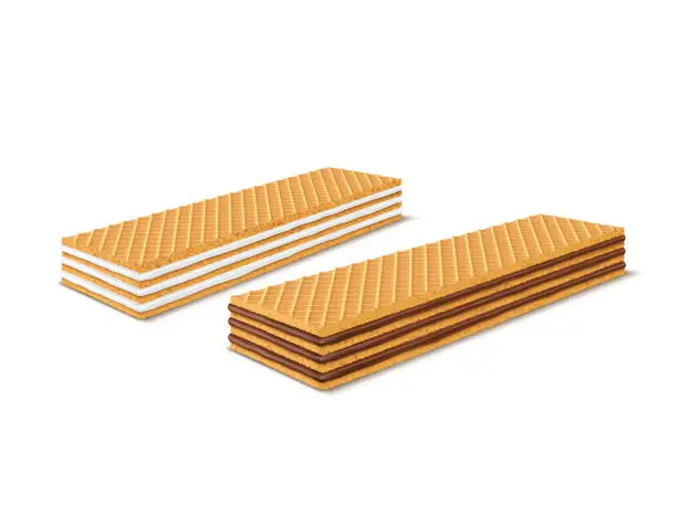 Vector illustration of Vector set of 3d realistic rectangular crispy wafers with chocolate and milk filling isolated on white background.