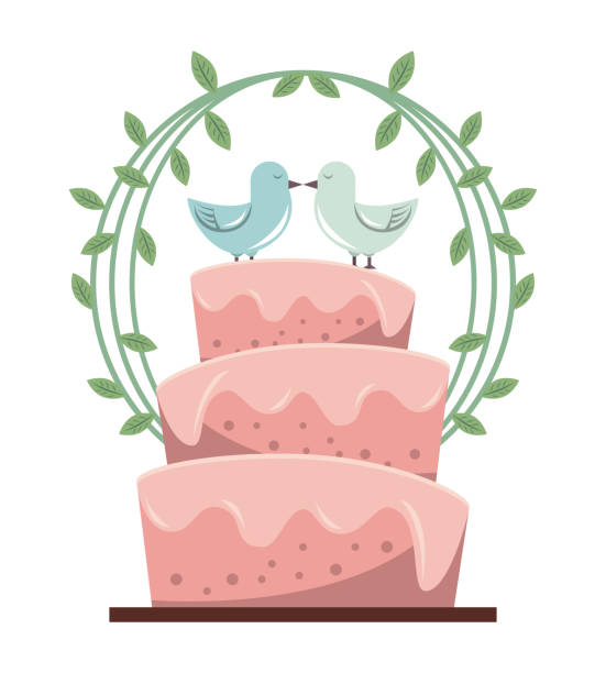 illustrazioni stock, clip art, cartoni animati e icone di tendenza di sfondo colorato con torta nuziale e piccioni e decorazione floreale - wedding reception wedding cake wedding cake