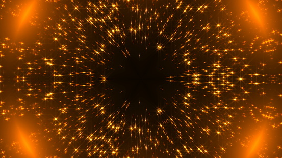Radial gold kaleidoscope with glittering stars on black, many particles, celebratory 3d rendering background